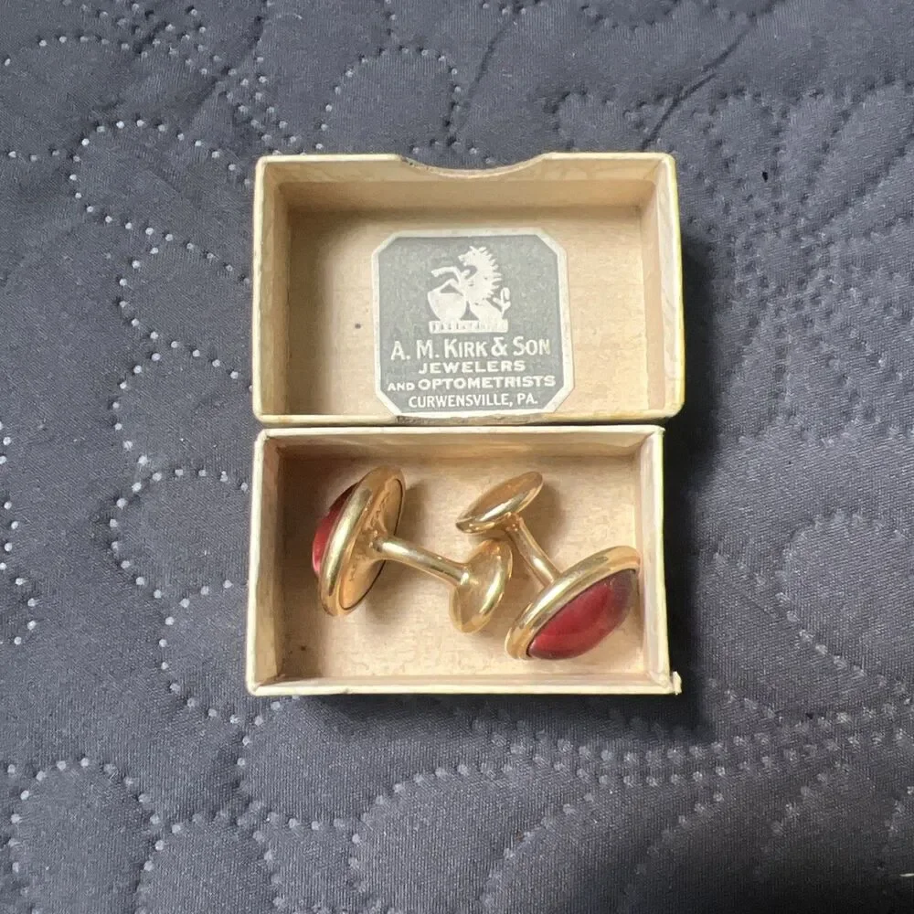 Vintage Art Deco Beautiful Gold Tone & Maroon Rigid Krementz Cuff Links Bespoke